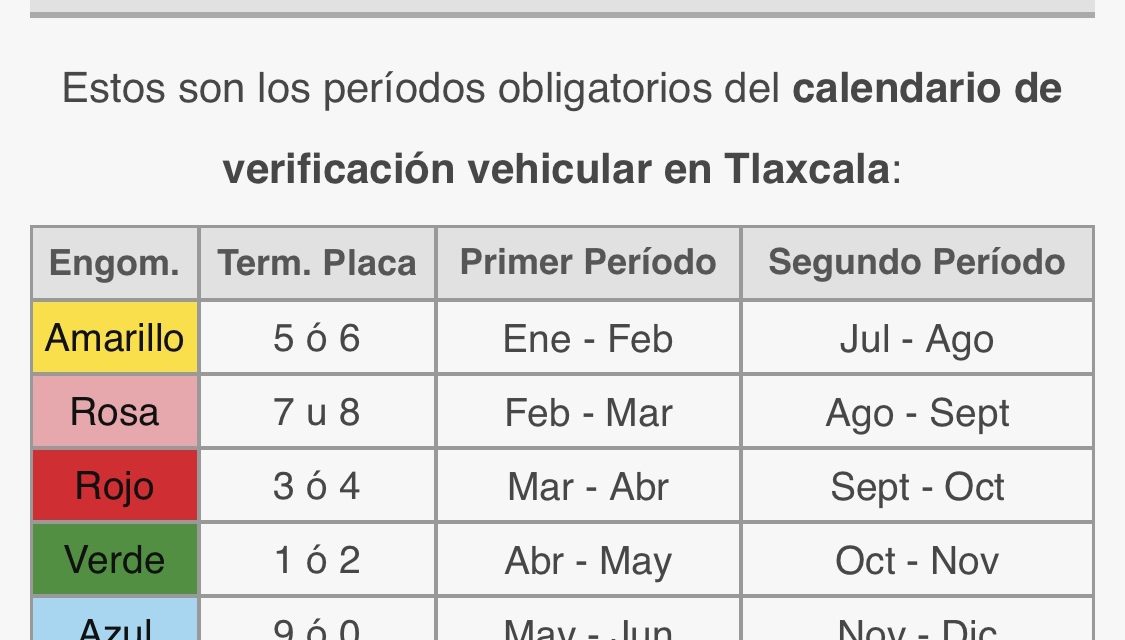 Calendario para verificación en Tlaxcala