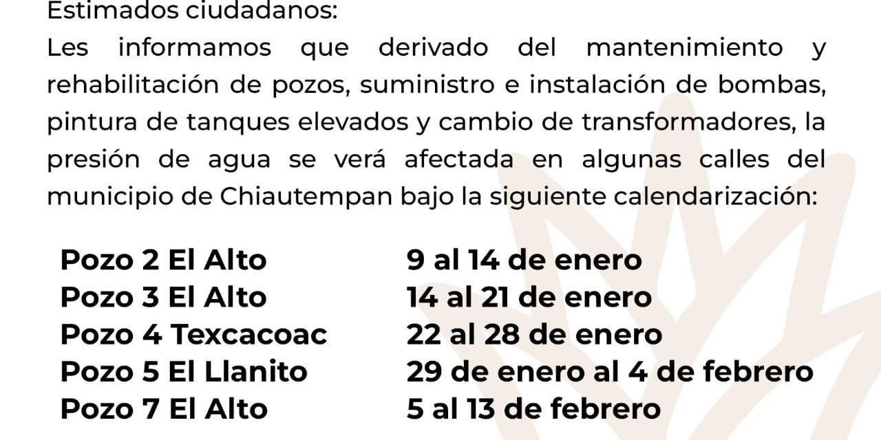 Anuncian en Chiautempan baja de presión en suministro de agua