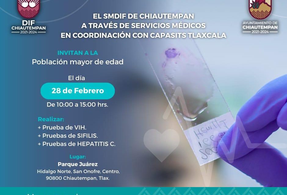 Realizará SMDIF Chiautempan pruebas gratuitas de VIH, Sífilis, Hepatitis C