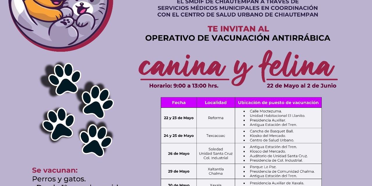 En Chiautempan inicia operativo de vacunación antirrábica felina y canina