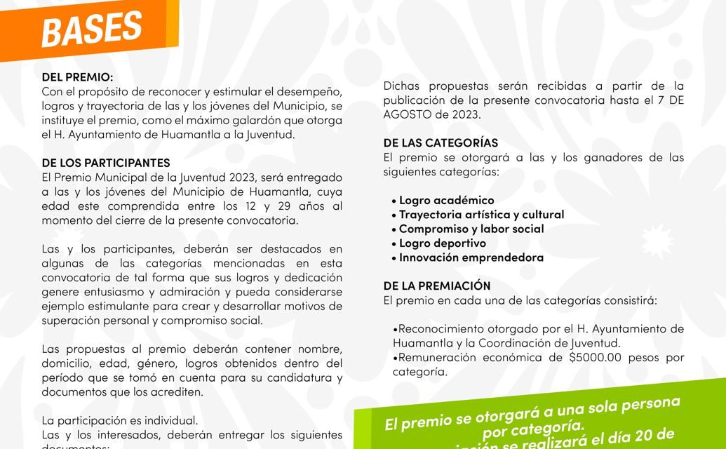 Convoca Ayuntamiento de Huamantla al premio municipal de la Juventud 2023